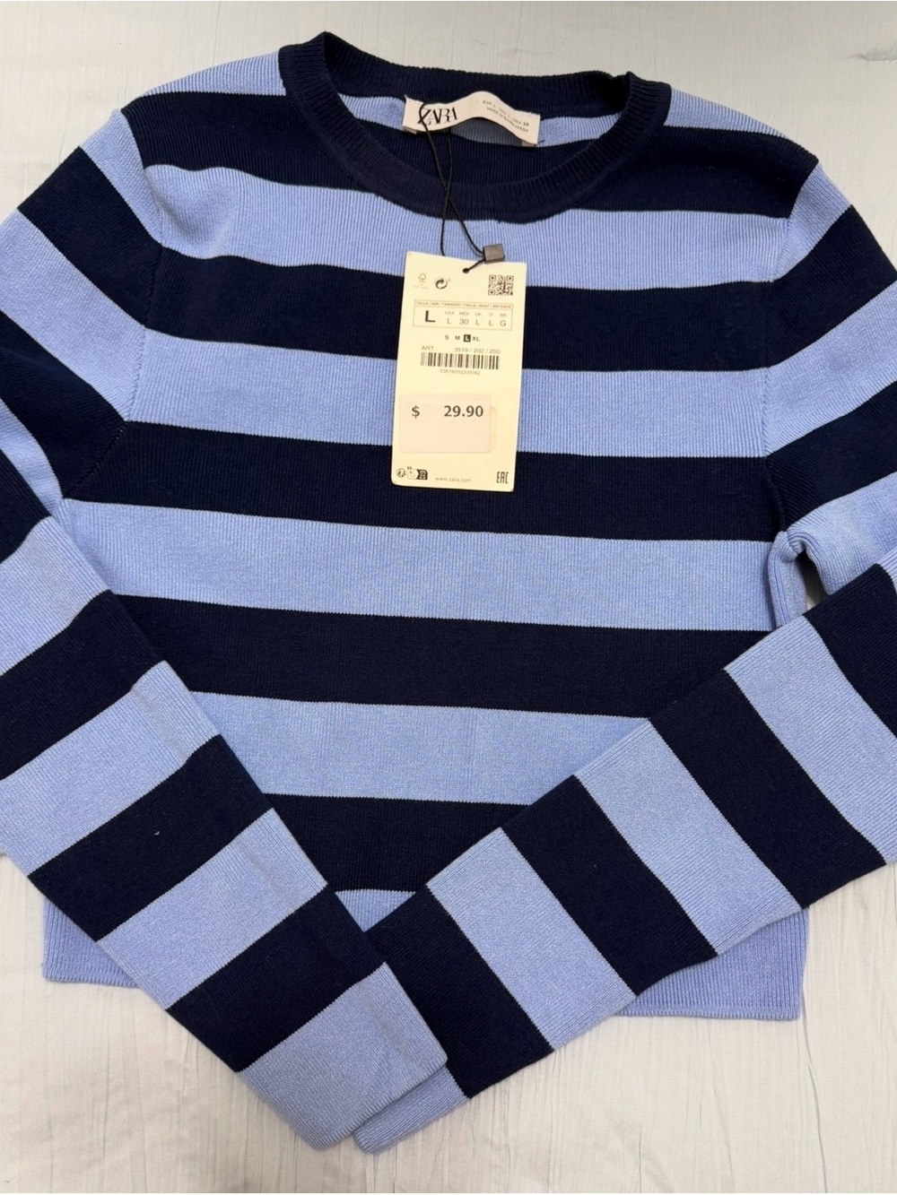Zara Navy and Light Blue Striped Crewneck Sweater